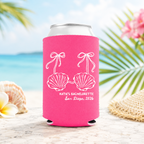 Hot pink Custom Little Mermaid Bachelorette Can Coolers with shell bikini line art standing on sunny beach with tropical