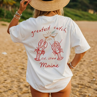 RodyThread Custom Found Her Lobster Greatest Catch Bachelorette Party Shirts For Bridal Squad Preppy Coastal Nautical Vintage Cream Cotton T-Shirt Brides And Bridesmaids Matching Cape Cod Girls Trip Martini Party Shirt Caught Up In Love Tee