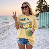 RodyThread Vintage Aloha Hawaii Summer Tropical Beach Graphic Tee Women's Retro Island Vacation Aesthetic Ivory Cotton Blend Short Sleeve T-Shirt Hibiscus Floral Print Summer Holiday Travel Outfit Casual Top Beachwear