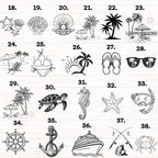 Catalog of 21 numbered beach and ocean black line graphics for custom vacation tumblers including shells, palm trees and