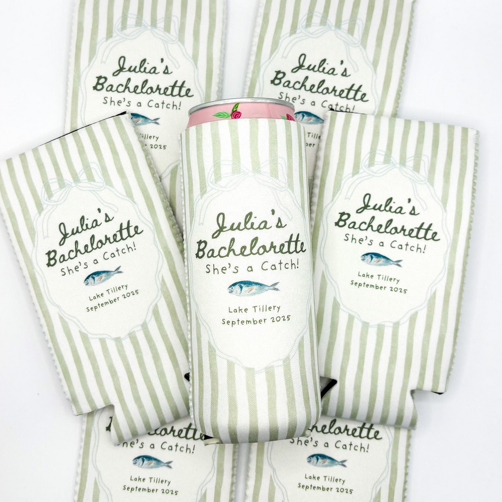 RodyThread Personalized Summer Lake Party Bachelorette Weekend Favors Slim Can Coolers Drink Sleeve Bridesmaids Girls Coastal Preppy Camp Vibe Blue White Striped Waterproof Neoprene Custom Birthday Bulk Gifts Seltzer Holders Last Toast Coast (Copy)