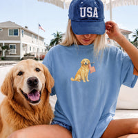 RodyThread Patriotic Golden Retriever USA Flag Graphic T-Shirt for Women and Dog Moms Vintage Americana Preppy Style Olive Green Cotton Tee 4th of July Independence Day Summer Outfit Casual Country Western Loose Fit Apparel Cute American Pet Lover Gift
