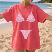 RodyThread Pink Leopard Bikini Graphic Oversized T-Shirt Cover Up For Women And Teens Bachelorette Party Bride and Bridesmaids Matching Y2K Coquette Summer Beachwear Cotton Top Funny Trompe Illusion Vacation Loungewear Aesthetic Retro Streetwear