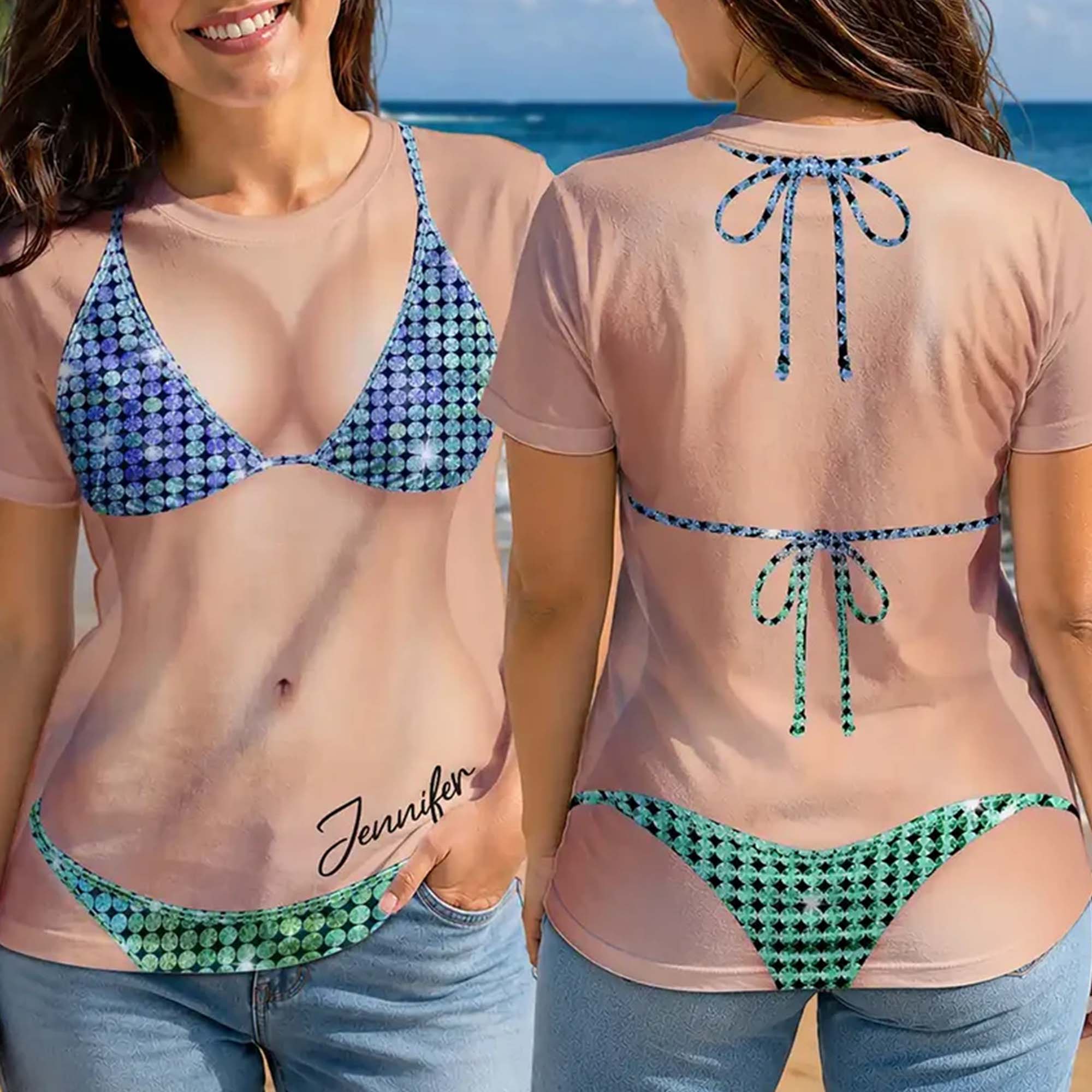 RodyThread Custom 3D Funny Body Disco Bachelorette Bikini Party Personalized Full Print T Shirt Custom Name Disco Ball Bikini Gag Gift Tee Matching Bridesmaid Squad Outfit 2026 Funny Girls Trip Shirt
