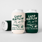 Three cream and forest green can coolers showcasing the retro vintage camp aesthetic with canoe line art on a light