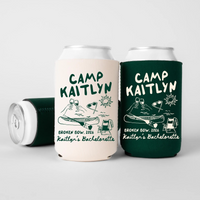 RodyThread Custom Camp Bachelorette Can Coolers & Drink Sleeves for Bridesmaids Girls Weekend Trip Vintage Camp Aesthetic Retro Forest Green Cream Neoprene Personalized Lake Club Bach Party Favors Survival Kit Gifts Adult Summer Camp