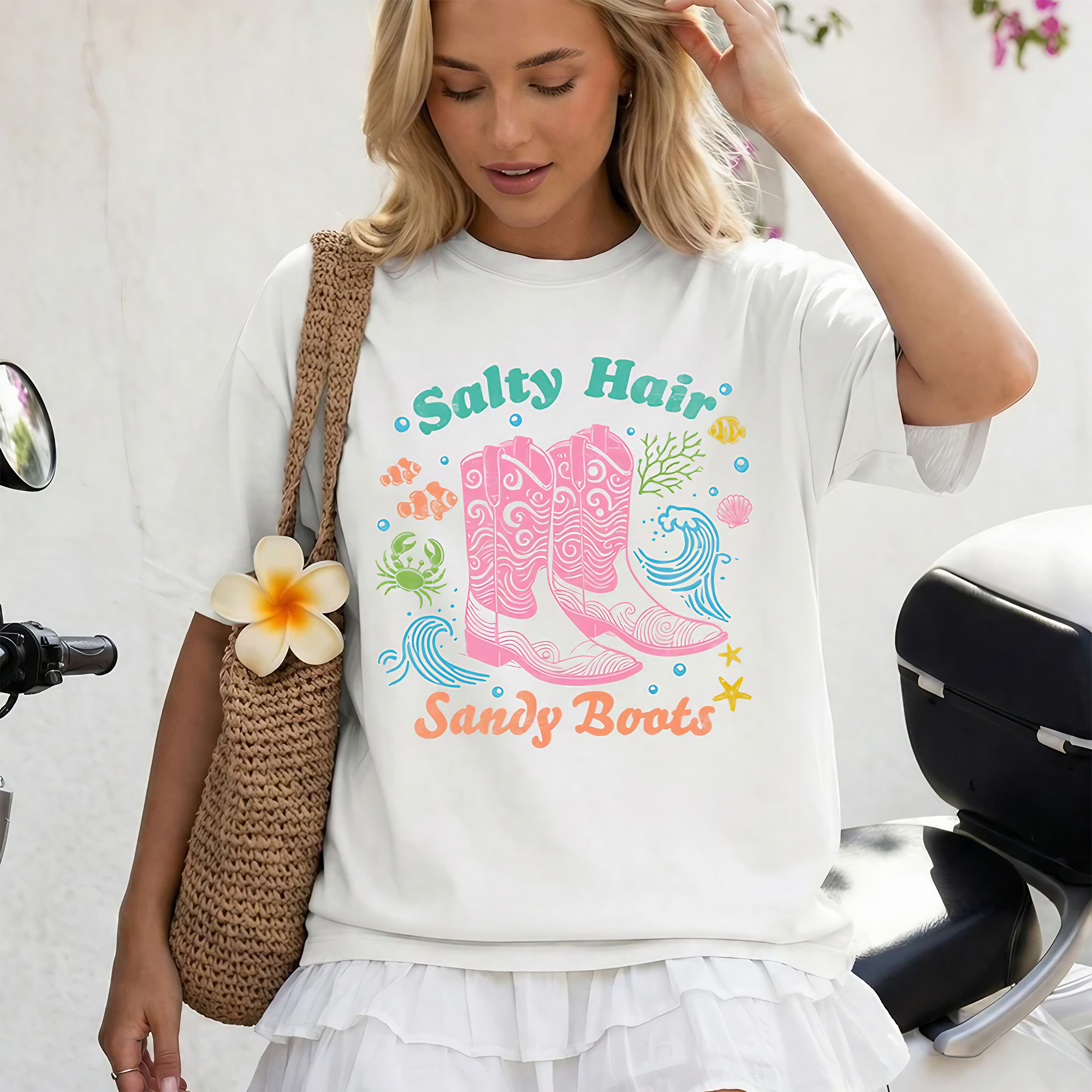 RodyThread Salty Hair Sandy Boots Coastal Cowgirl Graphic Tee Oversized T-Shirt Summer Clothes for Women Retro Western Beach Vacation Casual Basic Loose Fit Brown Top Holiday Outfits Ladies Womenswear Preppy Aesthetic