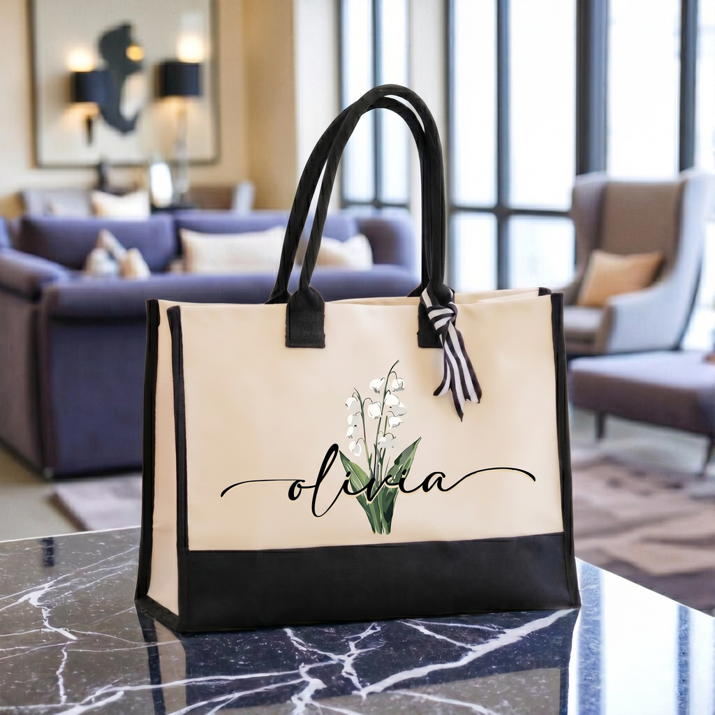 RodyThread Trendy Personalized Custom Birth Month Flower Name Canvas Tote Bag For Women Preppy Coquette Botanical Aesthetic Beige Black Canvas Birthday Gift Monogram Reusable Shopper Shoulder Bag Summer Travel Vacation Accessories