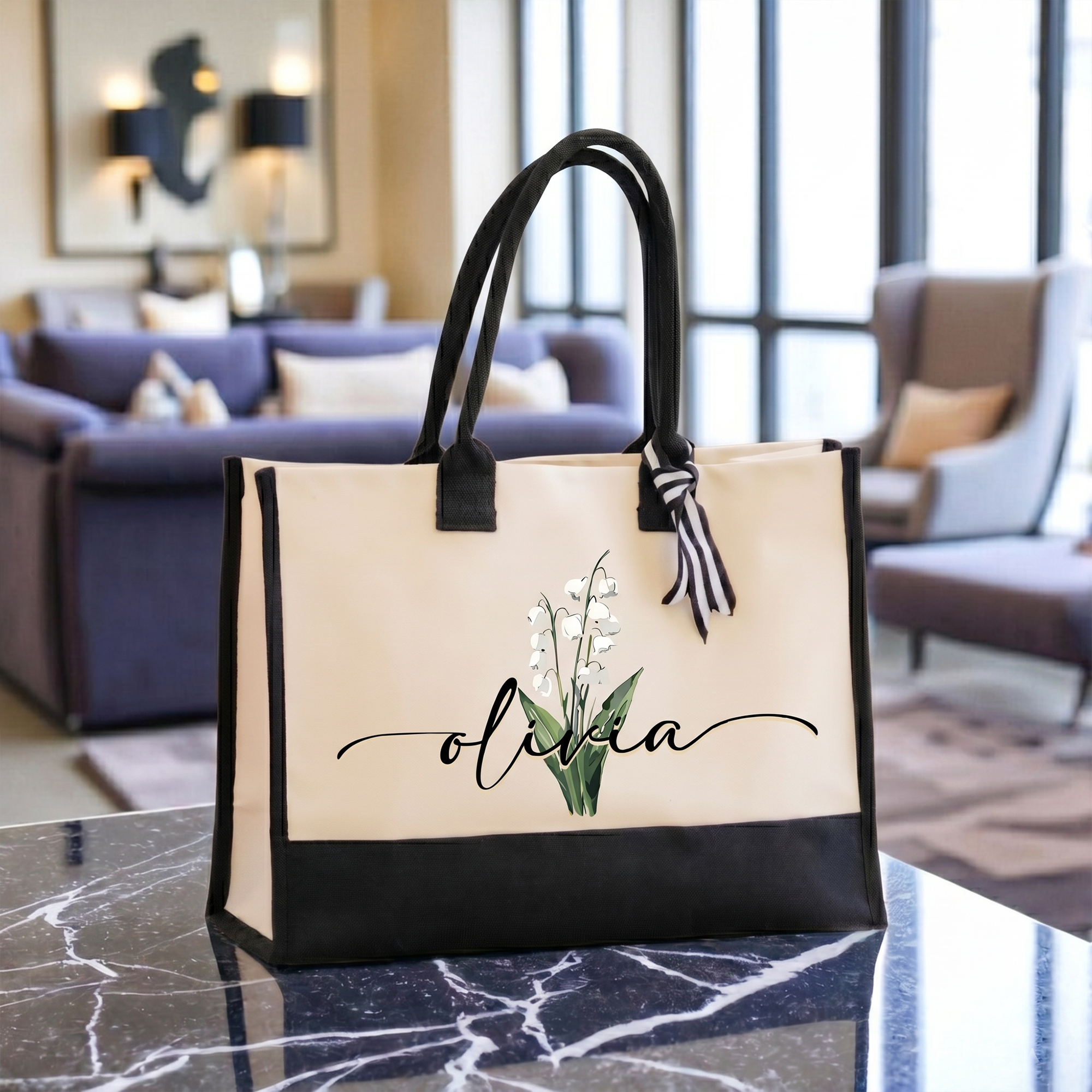 RodyThread Trendy Personalized Custom Birth Month Flower Name Canvas Tote Bag For Women Preppy Coquette Botanical Aesthetic Beige Black Canvas Birthday Gift Monogram Reusable Shopper Shoulder Bag Summer Travel Vacation Accessories