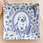 Personalized square ceramic trinket dish featuring a blue and white toile pattern and an oval watercolor portrait of a golden