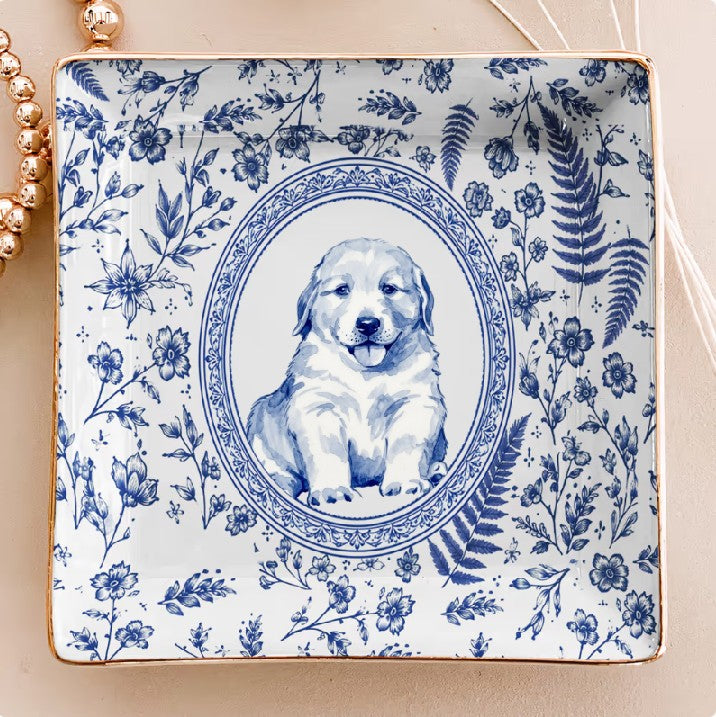 Custom Pet Portrait Chinoiserie Ring Dish, Personalized Ceramic Jewelry Tray Dish for Dog Mom Cat Mom Pet Memorial Keepsake Gift