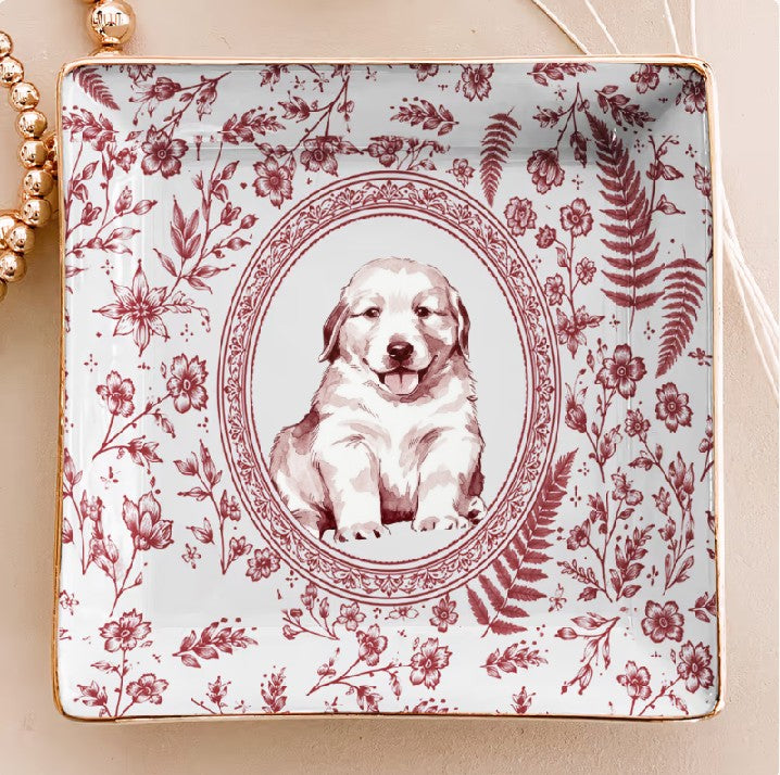 Custom Pet Portrait Chinoiserie Ring Dish, Personalized Ceramic Jewelry Tray Dish for Dog Mom Cat Mom Pet Memorial Keepsake Gift