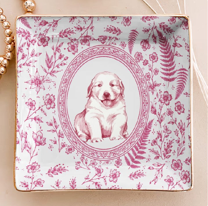 Custom Pet Portrait Chinoiserie Ring Dish, Personalized Ceramic Jewelry Tray Dish for Dog Mom Cat Mom Pet Memorial Keepsake Gift