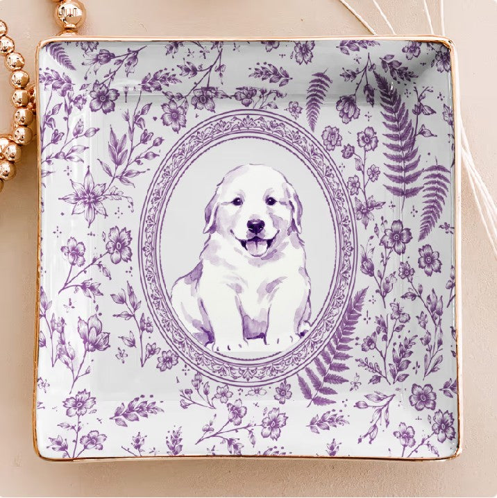 Custom Pet Portrait Chinoiserie Ring Dish, Personalized Ceramic Jewelry Tray Dish for Dog Mom Cat Mom Pet Memorial Keepsake Gift