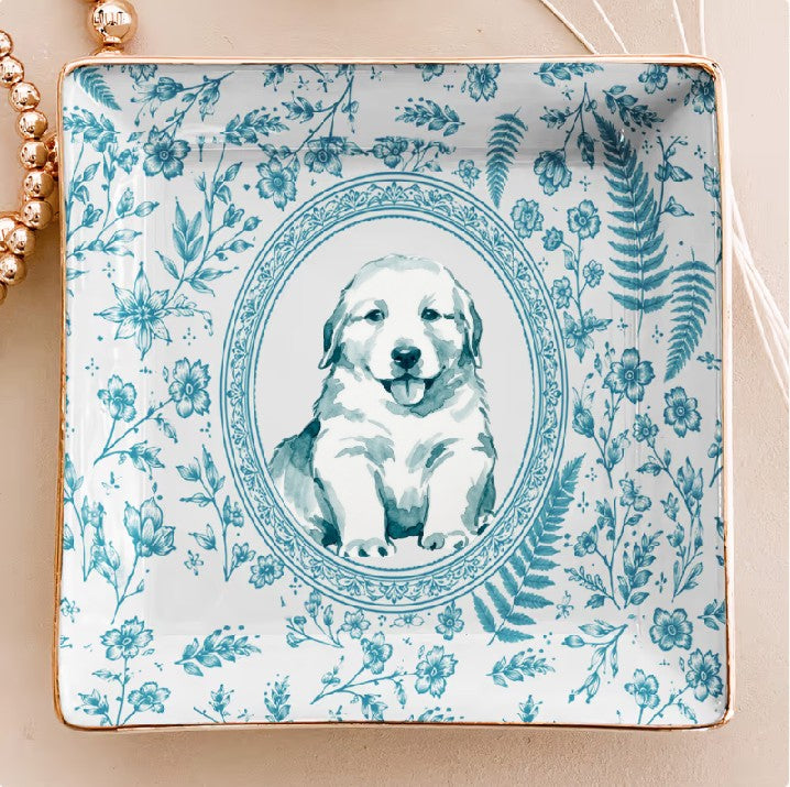 Custom Pet Portrait Chinoiserie Ring Dish, Personalized Ceramic Jewelry Tray Dish for Dog Mom Cat Mom Pet Memorial Keepsake Gift