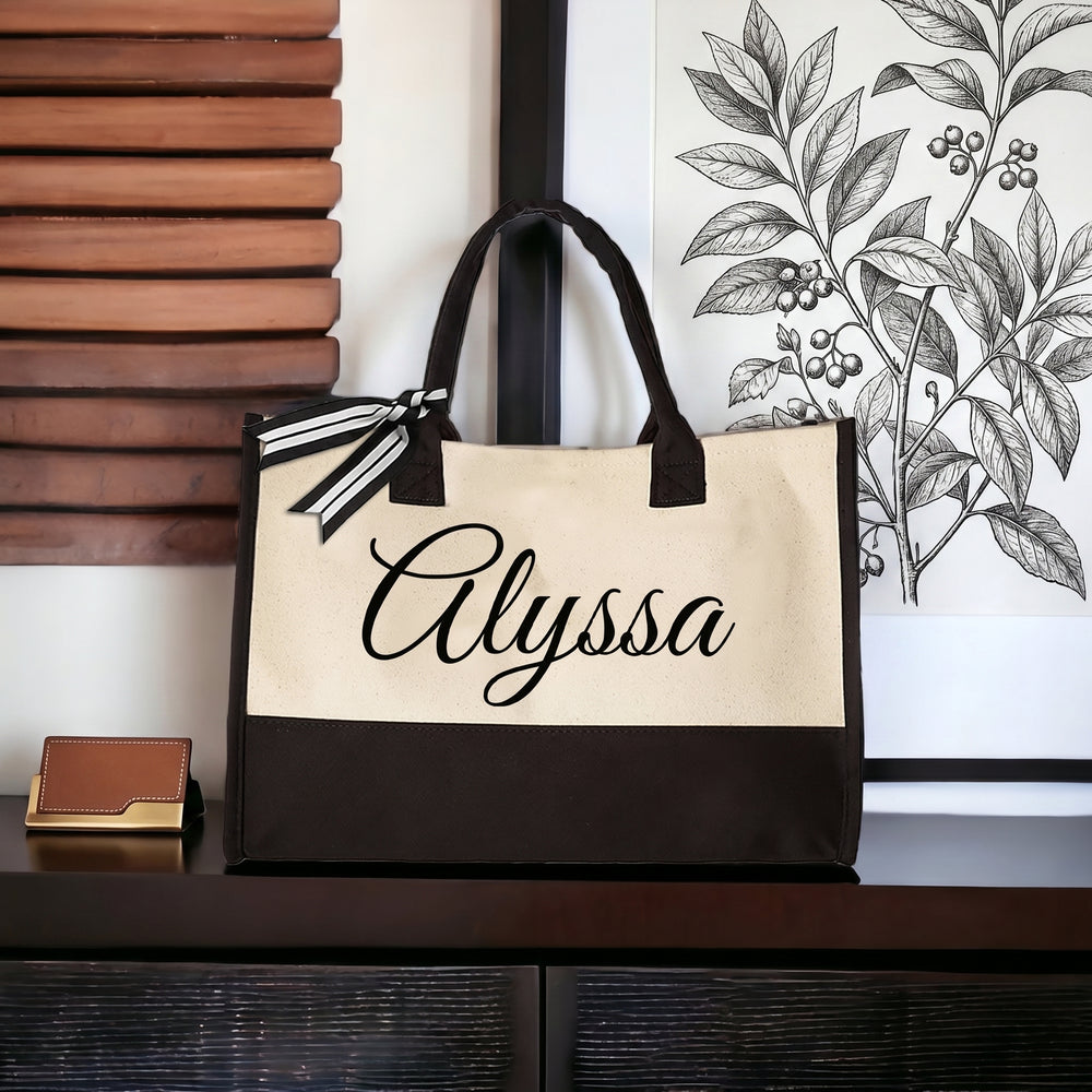 RodyThread Personalized Name Canvas Tote Bag for Women Bride Bridesmaid Proposal Preppy Coquette Minimalist Black and Cream Cotton Canvas Custom Monogrammed Gift for Her Bachelorette Bach Trip Beach Vacation Shopper with Ribbon Bow