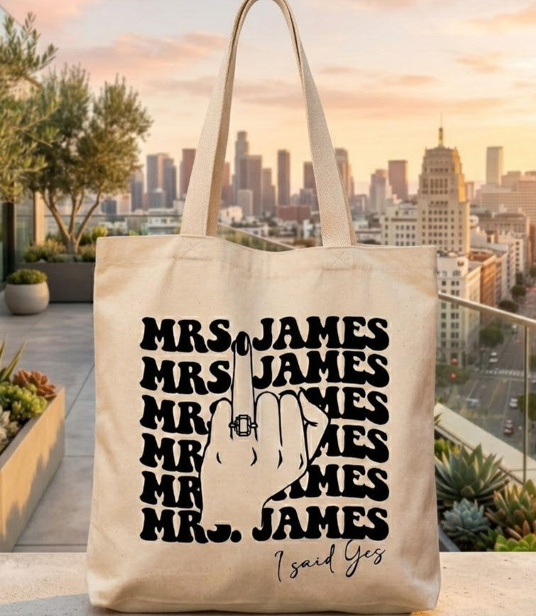 Custom Mrs Last Name Canvas Tote Bag for Alt Bride Edgy Retro Aesthetic Natural Cotton Bachelorette Party Gift Funny Engagement Ring Middle Finger Graphic Future Mrs Honeymoon Bridal Shower Survival Kit Accessory