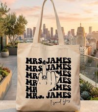 Custom Mrs Last Name Canvas Tote Bag for Alt Bride Edgy Retro Aesthetic Natural Cotton Bachelorette Party Gift Funny Engagement Ring Middle Finger Graphic Future Mrs Honeymoon Bridal Shower Survival Kit Accessory