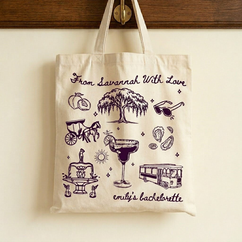 Custom Savannah Bachelorette Girls Trip Favor Canvas Tote Bag Bridesmaids Bridal Party Southern Charm Coastal Preppy Aesthetic Natural Cotton Canvas Reusable Welcome Gift Bag Weeping Willow Peach Print Weekend Getaway Hangover Kit