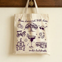Custom Savannah Bachelorette Girls Trip Favor Canvas Tote Bag Bridesmaids Bridal Party Southern Charm Coastal Preppy Aesthetic Natural Cotton Canvas Reusable Welcome Gift Bag Weeping Willow Peach Print Weekend Getaway Hangover Kit