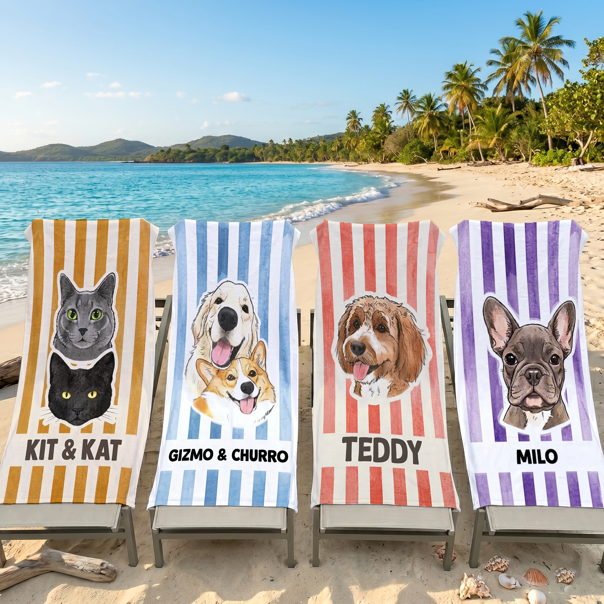 RodyThread Custom Personalized Pet Portrait Name Beach Towel for Dog Mom Cat Lovers Preppy Summer Cabana Stripe Aesthetic Colorful Microfiber Pool Swim Towel Matching Outfit Pet Stripe Towel Unique Gift Vacation Essentials 2026