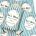 Flat lay of turquoise striped can cooler sleeves featuring 'Em's Hens' text, coquette bows, and vintage fish artwork.