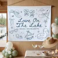 Personalized Lake Bachelorette Party Banner Tapestry Party Backdrop For Bridesmaids Preppy Coastal Glamping Aesthetic White Fabric Print Love On The Lake Decor Line Art Flamingo Float Graphic