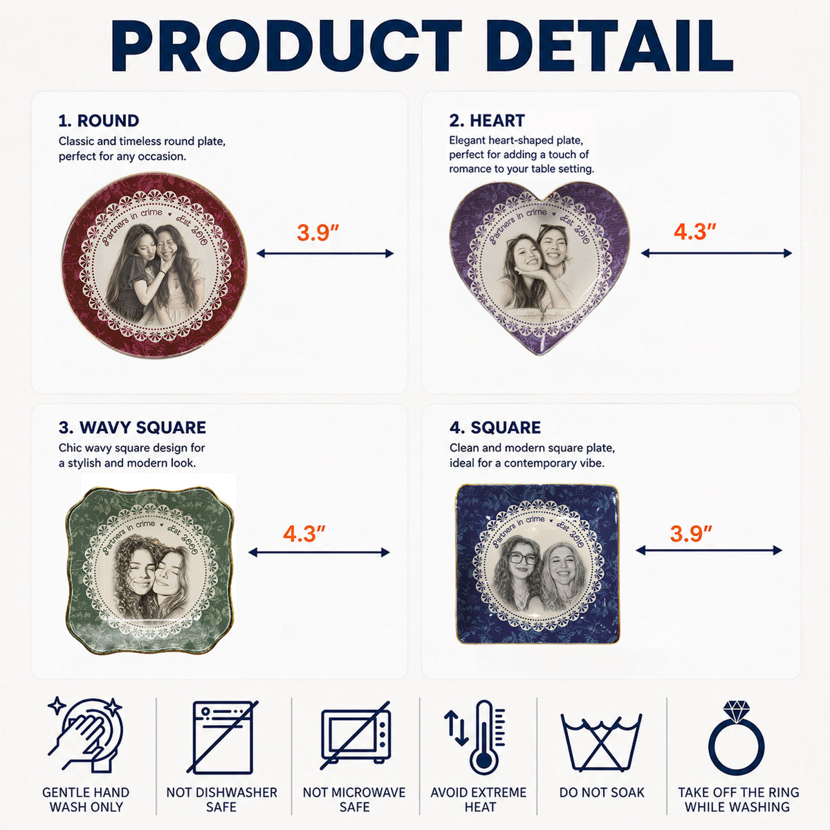 Product detail guide showing dimensions, round, heart, wavy-square, and square trinket dishes, with care instructions.