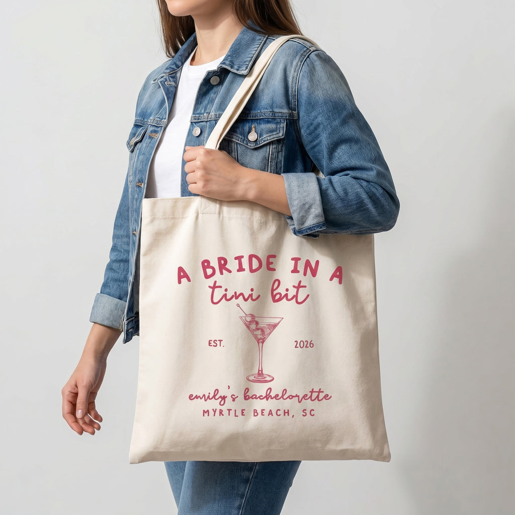 RodyThread Personalized Bachelorette Party Canvas Tote Bag for Bride Squad and Bridesmaids Cocktail-Core Mob Wife Aesthetic Natural Cotton Canvas A Bride in a Tini Bit Martini Design Custom Wedding Favor Reusable Eco Friendly Gift Bag
