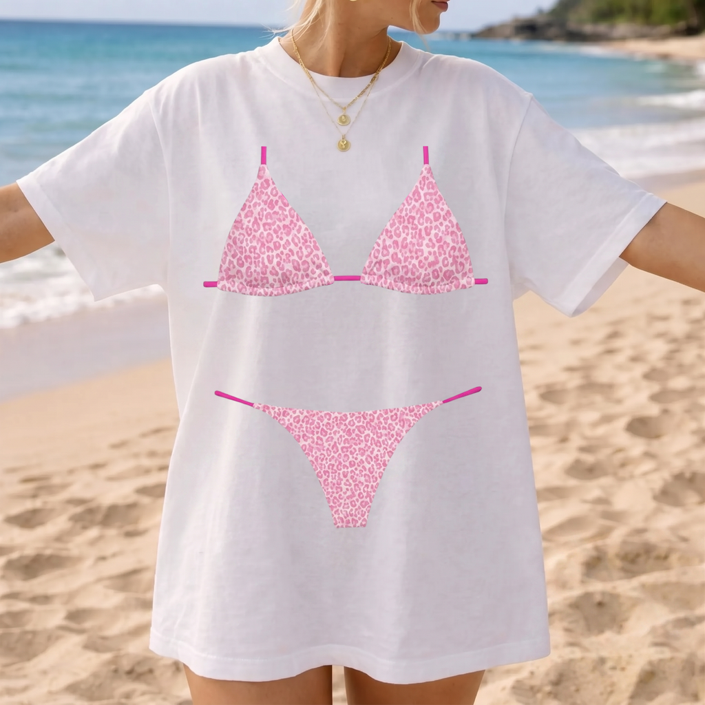 RodyThread Pink Leopard Bikini Graphic Oversized T-Shirt Cover Up For Women And Teens Bachelorette Party Bride and Bridesmaids Matching Y2K Coquette Summer Beachwear Cotton Top Funny Trompe Illusion Vacation Loungewear Aesthetic Retro Streetwear