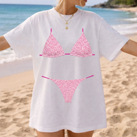 RodyThread Pink Leopard Bikini Graphic Oversized T-Shirt Cover Up For Women And Teens Bachelorette Party Bride and Bridesmaids Matching Y2K Coquette Summer Beachwear Cotton Top Funny Trompe Illusion Vacation Loungewear Aesthetic Retro Streetwear