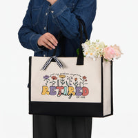 RodyThread Personalized Not My Problem Anymore Retired Est 2026 Canvas Tote Bag for Women Mom Coworker Retro Groovy Floral Funny Natural Cotton Canvas Black Trim Retirement Party Gifts Custom Name Beach Travel Shoulder Bag