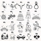 Design options sheet with numbered black outline graphics like cocktails, rings, cakes, cowboy boots, and sports gear.