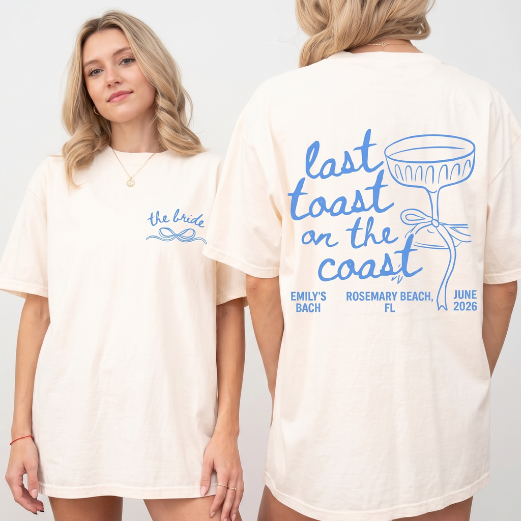 Front and back view of a woman wearing an ivory oversized graphic t-shirt with blue print for Last Toast On The Coast.