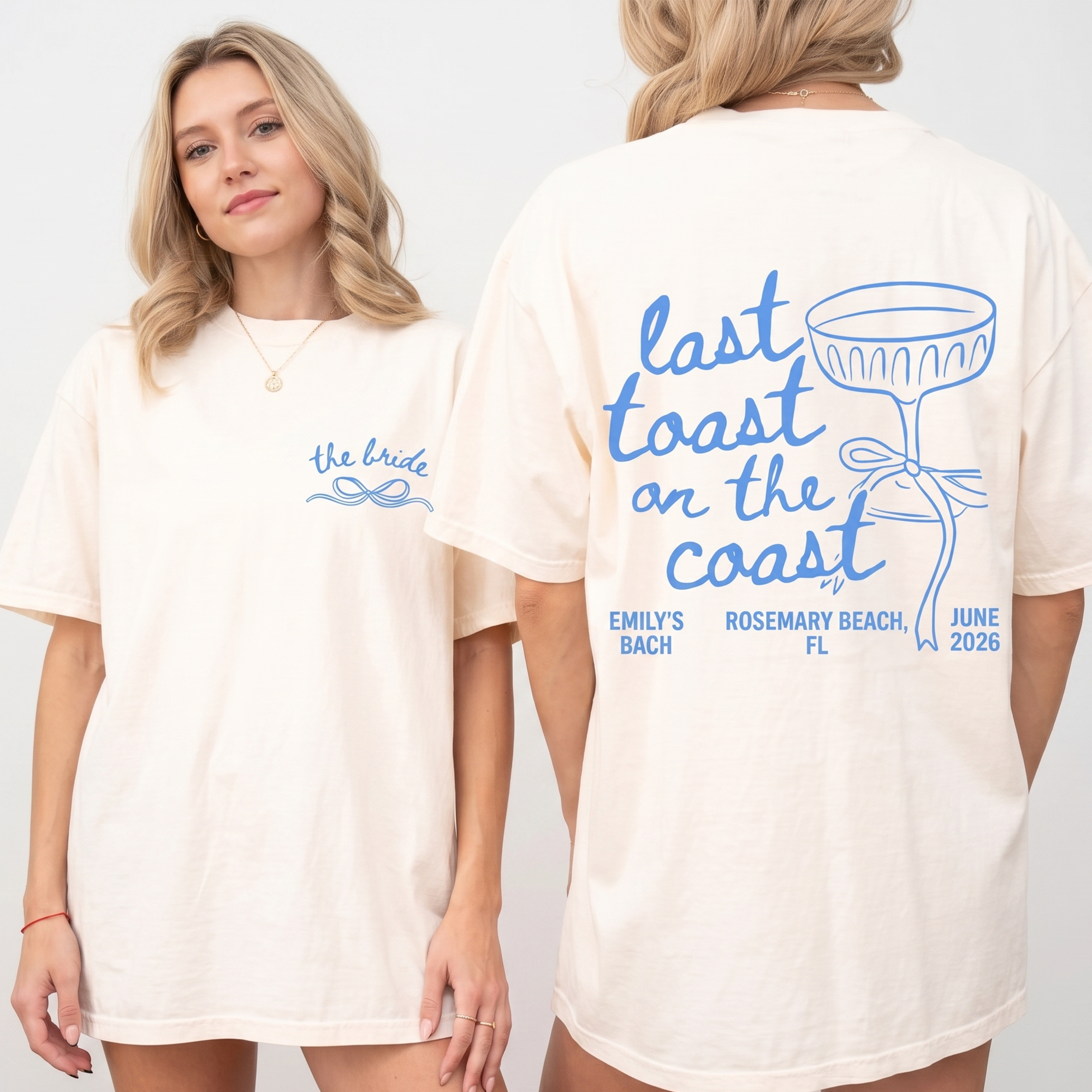 RodyThread Custom Last Toast On The Coast Oversized T-Shirt Bride And Bridesmaids Coquette Coastal Aesthetic Garment-Dyed Cotton Custom Beach Bachelorette Party Shirt Bach Club Bridal Party Gifts Retro Preppy Tee