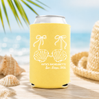 Yellow Custom Little Mermaid Bachelorette Can Coolers with shell bikini and ribbon print standing on sandy beach with
