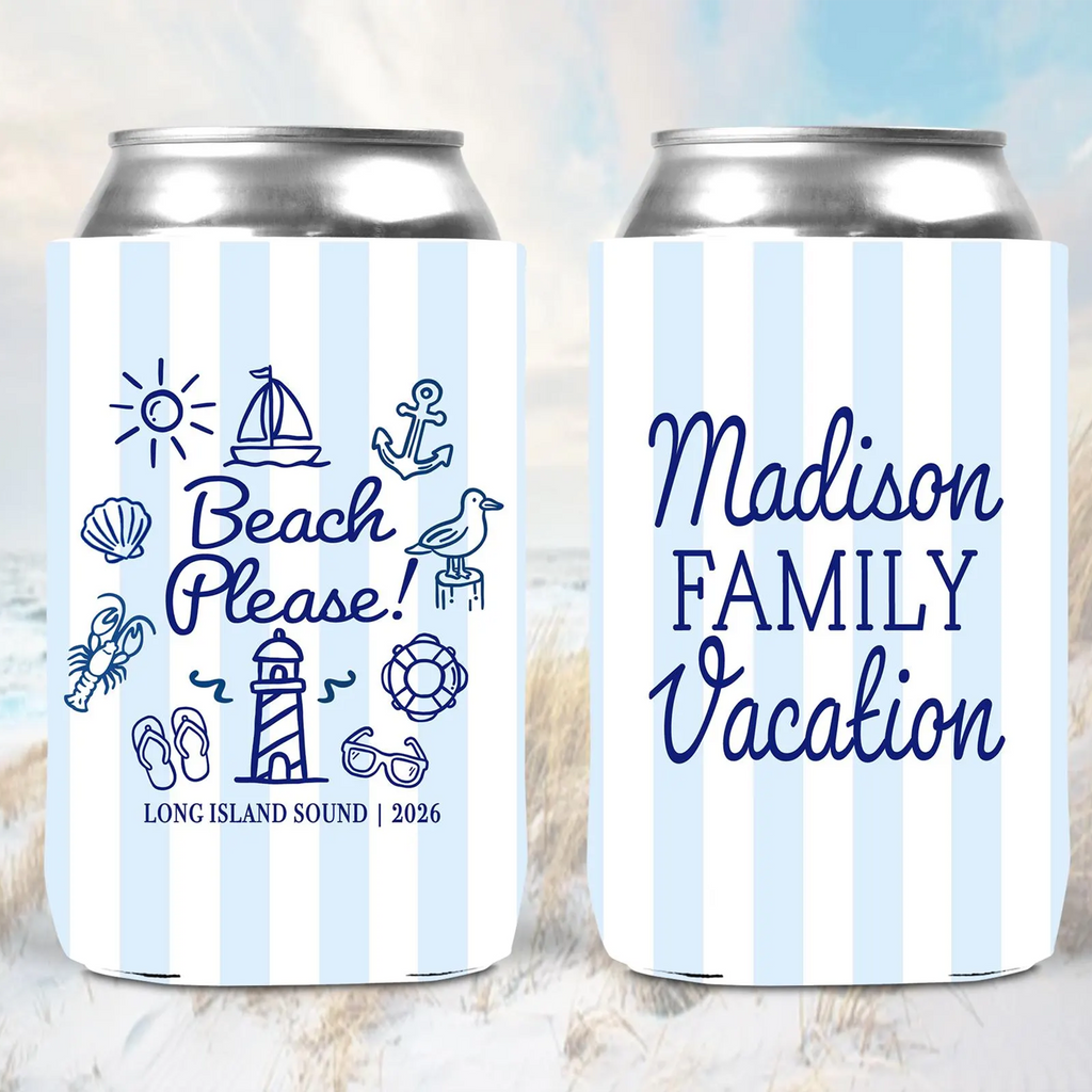 RodyThread Personalized Summer Lake Party Bachelorette Weekend Favors Slim Can Coolers Drink Sleeve Bridesmaids Girls Coastal Preppy Camp Vibe Blue White Striped Waterproof Neoprene Custom Birthday Bulk Gifts Seltzer Holders Last Toast Coast