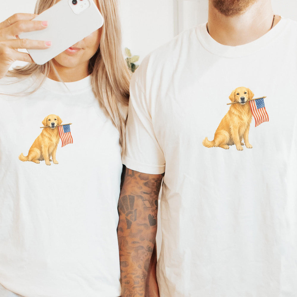 RodyThread Patriotic Golden Retriever USA Flag Graphic T-Shirt for Women and Dog Moms Vintage Americana Preppy Style Olive Green Cotton Tee 4th of July Independence Day Summer Outfit Casual Country Western Loose Fit Apparel Cute American Pet Lover Gift