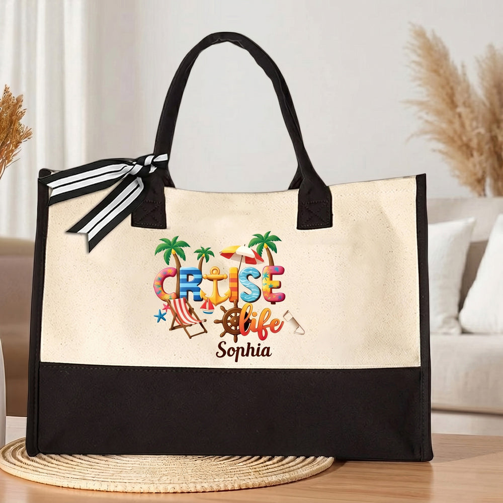 RodyThread Custom Name Summer Trip Tote Personalized Canvas Beach Bag For Women Girls Trip Preppy Coastal Coquette Aesthetic Natural Beige Black Canvas Bridesmaid Bachelorette Vacation Gift Destination Holiday Travel Essentials Ribbon Bow