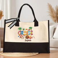 RodyThread Custom Name Summer Trip Tote Personalized Canvas Beach Bag For Women Girls Trip Preppy Coastal Coquette Aesthetic Natural Beige Black Canvas Bridesmaid Bachelorette Vacation Gift Destination Holiday Travel Essentials Ribbon Bow