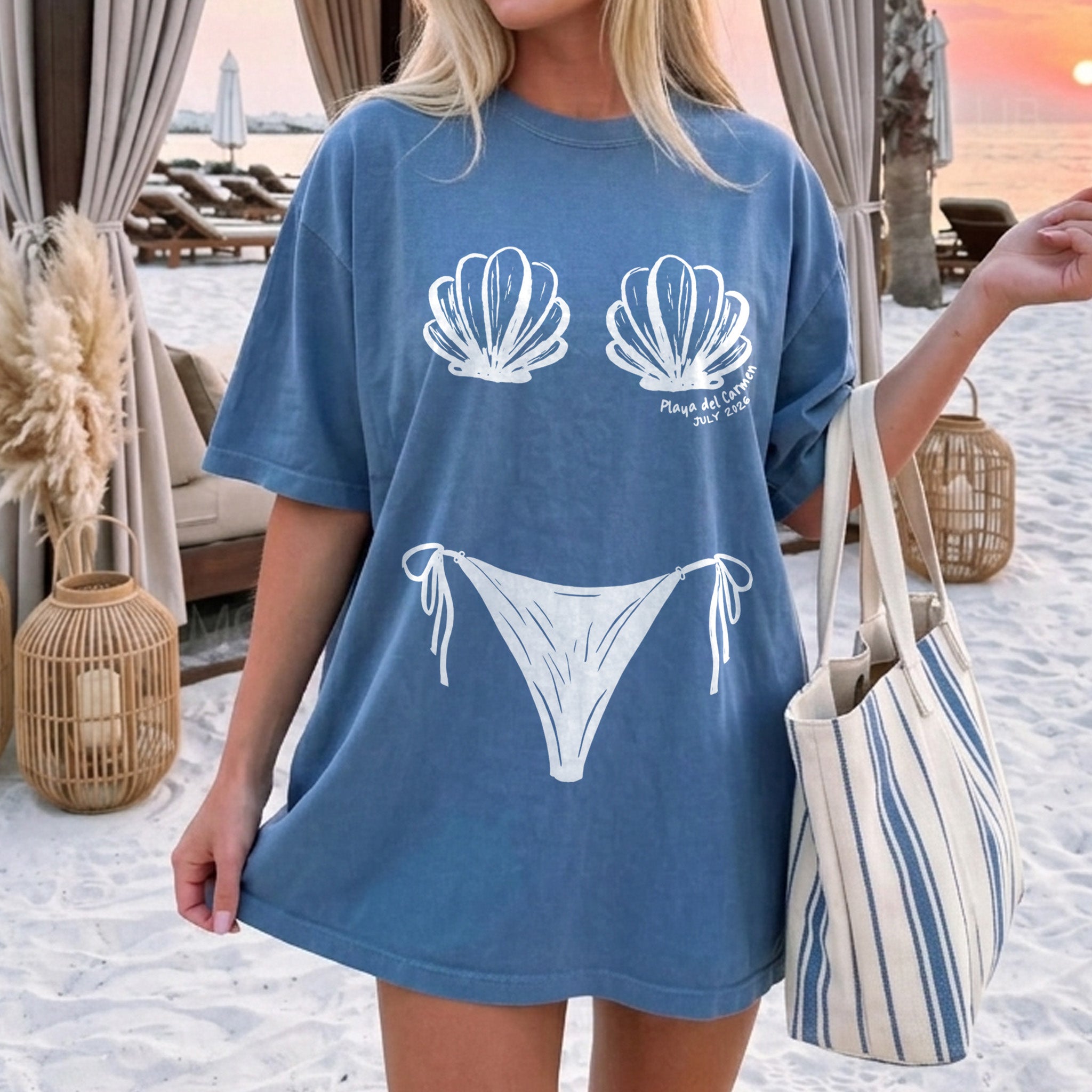 RodyThread Personalized Funny Shell Bikini Body Illusion Oversized Graphic T-Shirt Custom Cover Up For Women Bridesmaid Bachelorette Party Preppy Beach Aesthetic Pastel Colors Cotton Blend Summer Vibes Vacation Outfits Custom Cute Novelty Swimsuit Tee