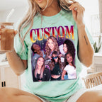 A woman holding an iced drink wears a mint green custom graphic t-shirt featuring a vintage photo collage under arched text.