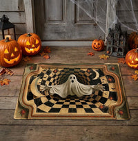 Customer in Los Angeles wearing 3D Ghost Optical Illusion Halloween Doormat, Spooky Checkerboard Hole Porch Mat, Haunted House Decor
