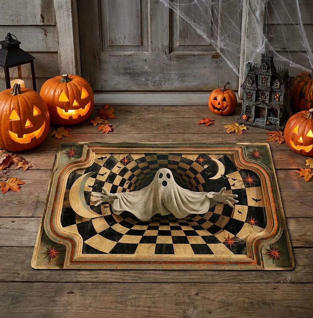 3D Ghost Optical Illusion Halloween Doormat, Spooky Checkerboard Hole Porch Mat, Haunted House Decor