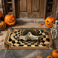 Close-up of 3D Ghost Optical Illusion Halloween Doormat, Spooky Checkerboard Hole Porch Mat, Haunted House Decor for streetwear fans in Los Angeles