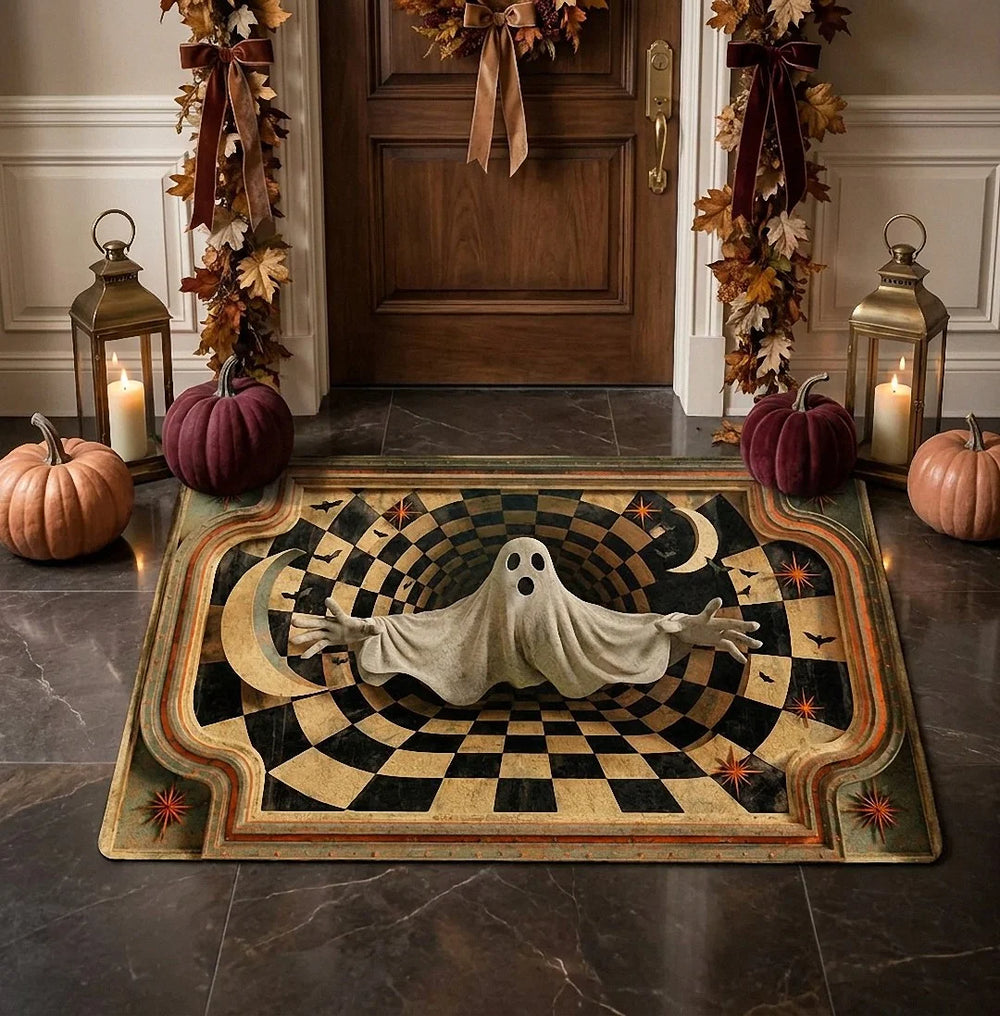 Customer in Los Angeles wearing 3D Ghost Optical Illusion Halloween Doormat, Spooky Checkerboard Hole Porch Mat, Haunted House Decor