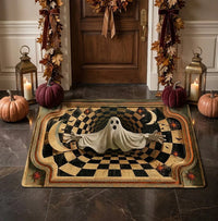 Customer in Los Angeles wearing 3D Ghost Optical Illusion Halloween Doormat, Spooky Checkerboard Hole Porch Mat, Haunted House Decor