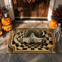 Close-up of 3D Ghost Optical Illusion Halloween Doormat, Spooky Checkerboard Hole Porch Mat, Haunted House Decor for streetwear fans in Los Angeles
