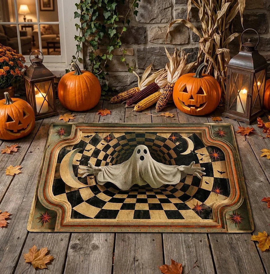 3D Ghost Optical Illusion Halloween Doormat, Spooky Checkerboard Hole Porch Mat, Haunted House Decor