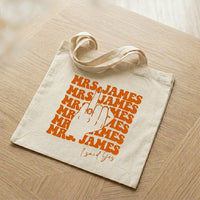 Custom Mrs Last Name Canvas Tote Bag for Alt Bride Edgy Retro Aesthetic Natural Cotton Bachelorette Party Gift Funny Engagement Ring Middle Finger Graphic Future Mrs Honeymoon Bridal Shower Survival Kit Accessory